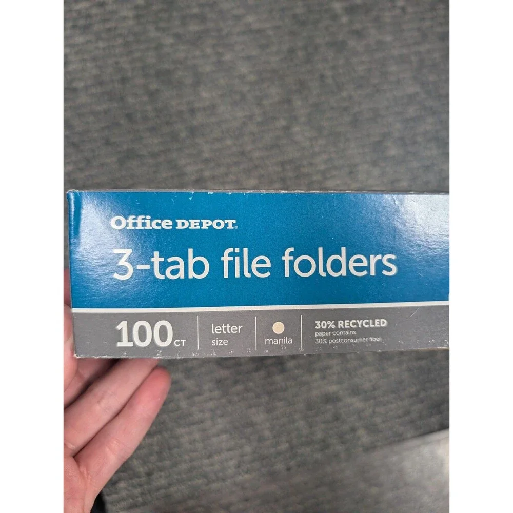 Office Depot 3-Tab File Folders Letter Size Manila 100 Ct Box 30% Recycled New